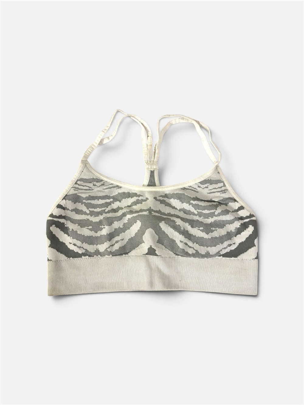 Bombshell Sportswear Strappy Patterned Sports Bra – White/Gray XS/S